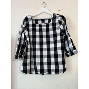 Time And Tru Womens Black White Buffalo Plaid 3/4 Sleeve Blouse XL 16-18 Casual